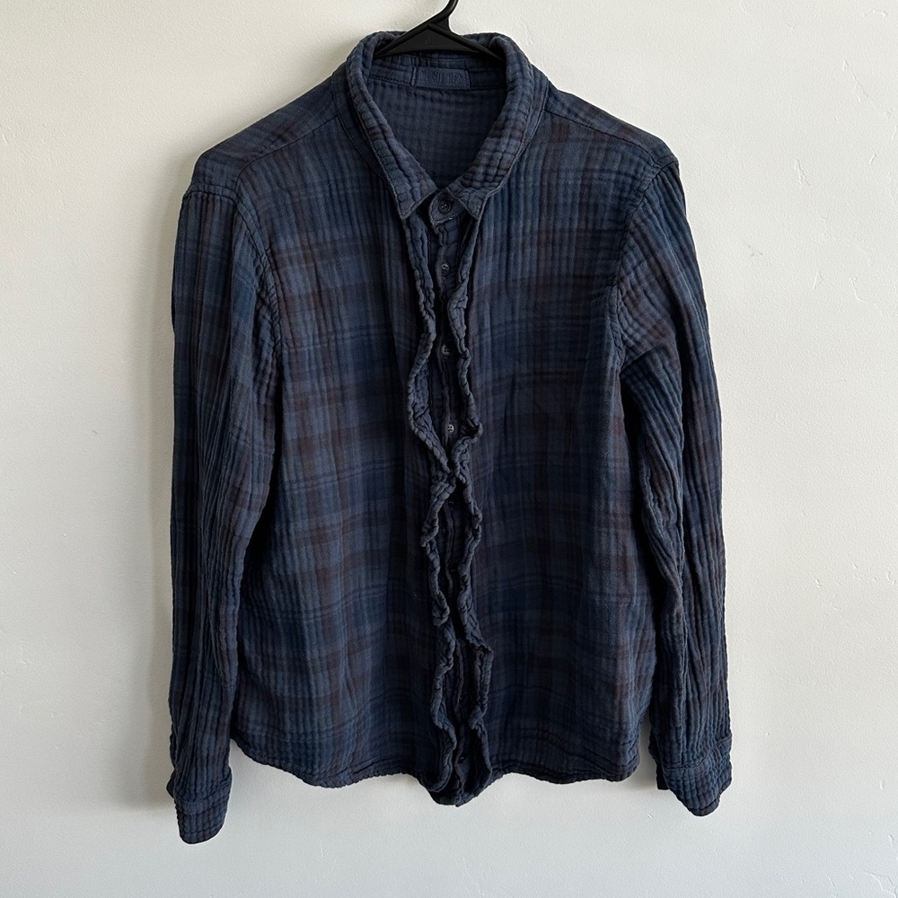 CP Shades Women’s Plaid Ruffle Front Button Down Shirt Navy Blue Cotton Large